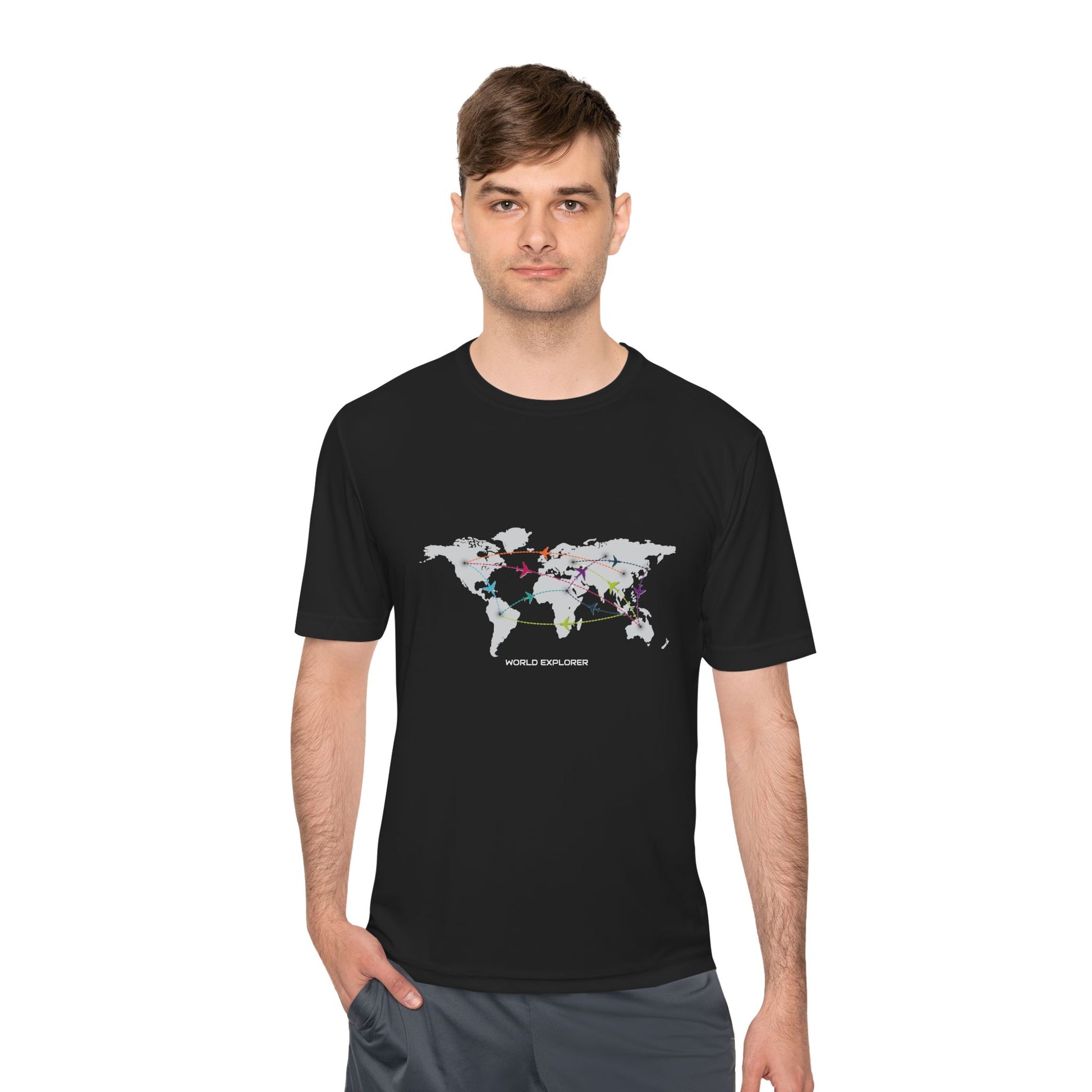 Global Connectivity Unisex Moisture Wicking Tee, Travel Shirt, Adventure T-Shirt, Fitness Top, Map Design Apparel