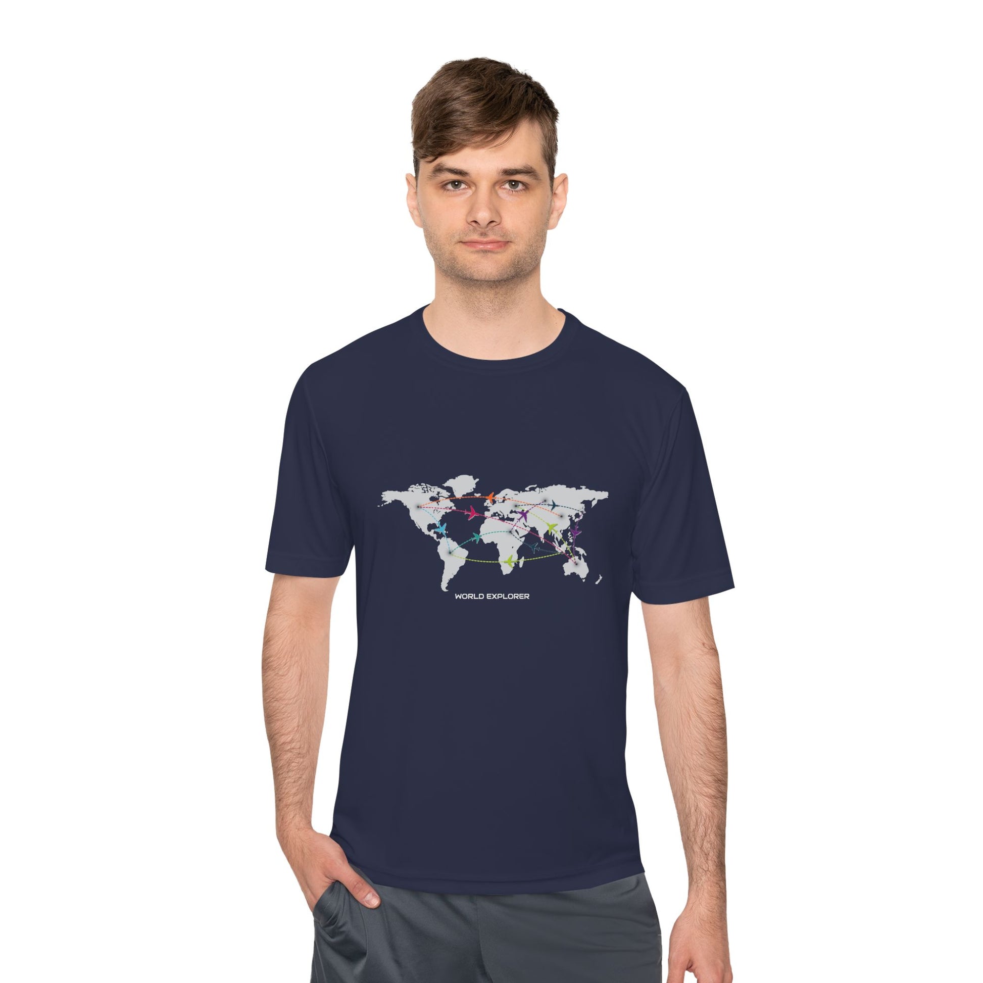 Global Connectivity Unisex Moisture Wicking Tee, Travel Shirt, Adventure T-Shirt, Fitness Top, Map Design Apparel